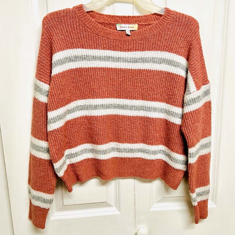 Hazel Moon Striped Drop Sleeve Crop Fall Sweater Size S